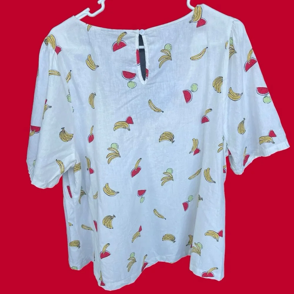 ModCloth Womens Linen Blouse Plus Size 2X Pack a Picnic Fruit Print Tie-Front - Picture 2 of 15